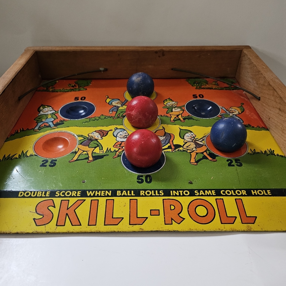 Vintage Skill-Roll bowling game table floor tin Kid Toy Gnomes board games